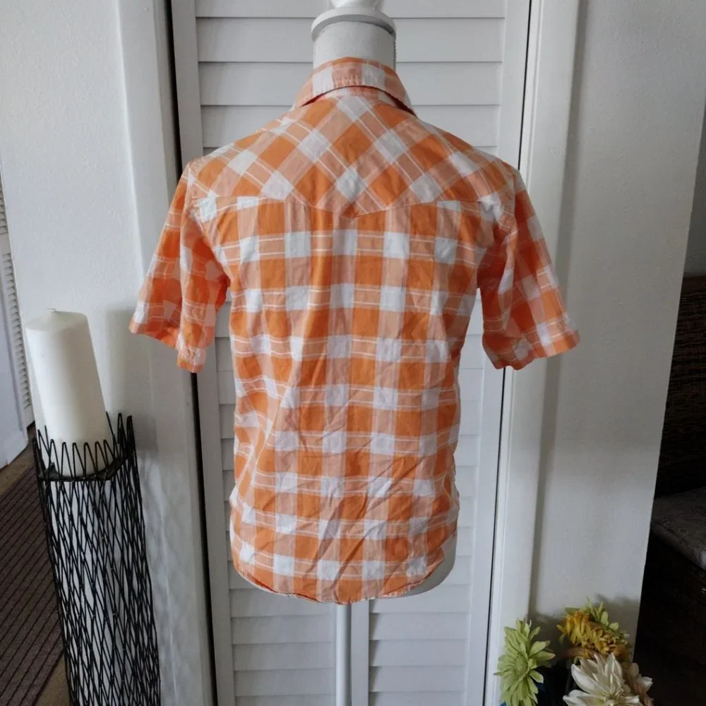 Polo Ralph Lauren Western orange plaid‎ pearl snap button closure short sleeve M